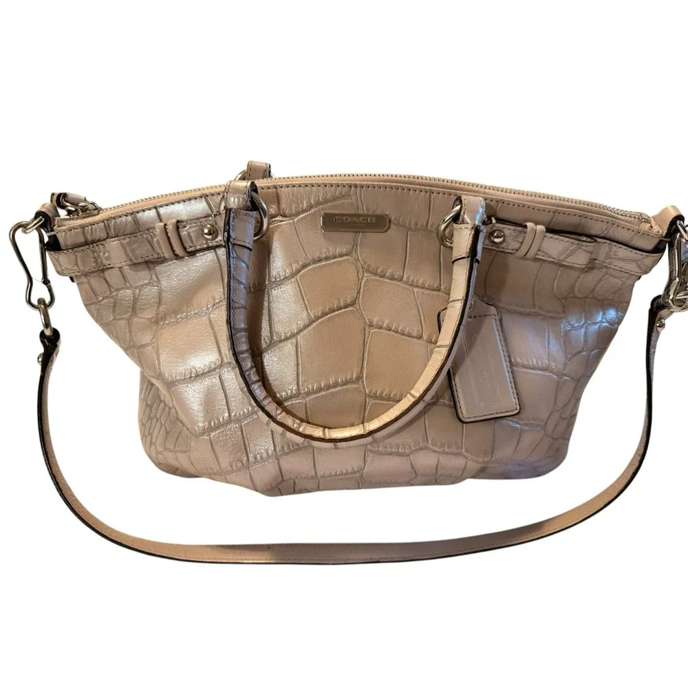 Coach Madison Lindsey Croc Embossed Beige Pink Top Handle Zip Satchel
